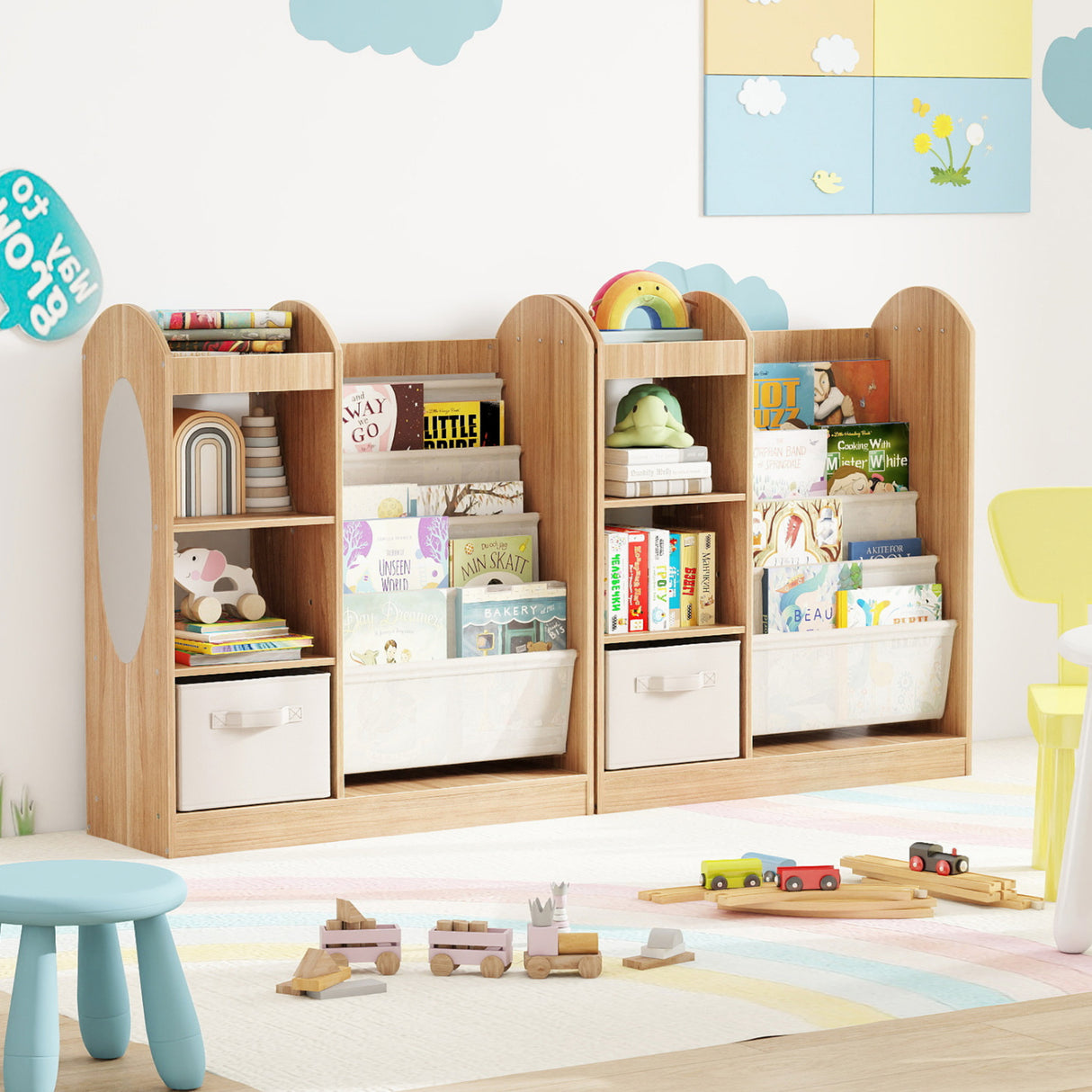 Toy Storage Organizer with 4-Tier Sling Shelves-Natural