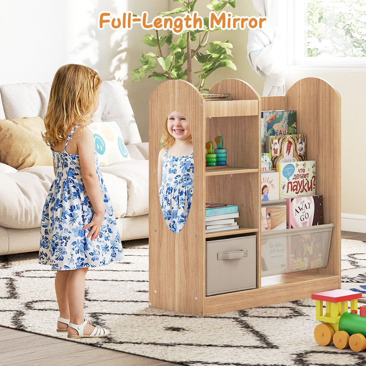 Toy Storage Organizer with 4-Tier Sling Shelves-Natural
