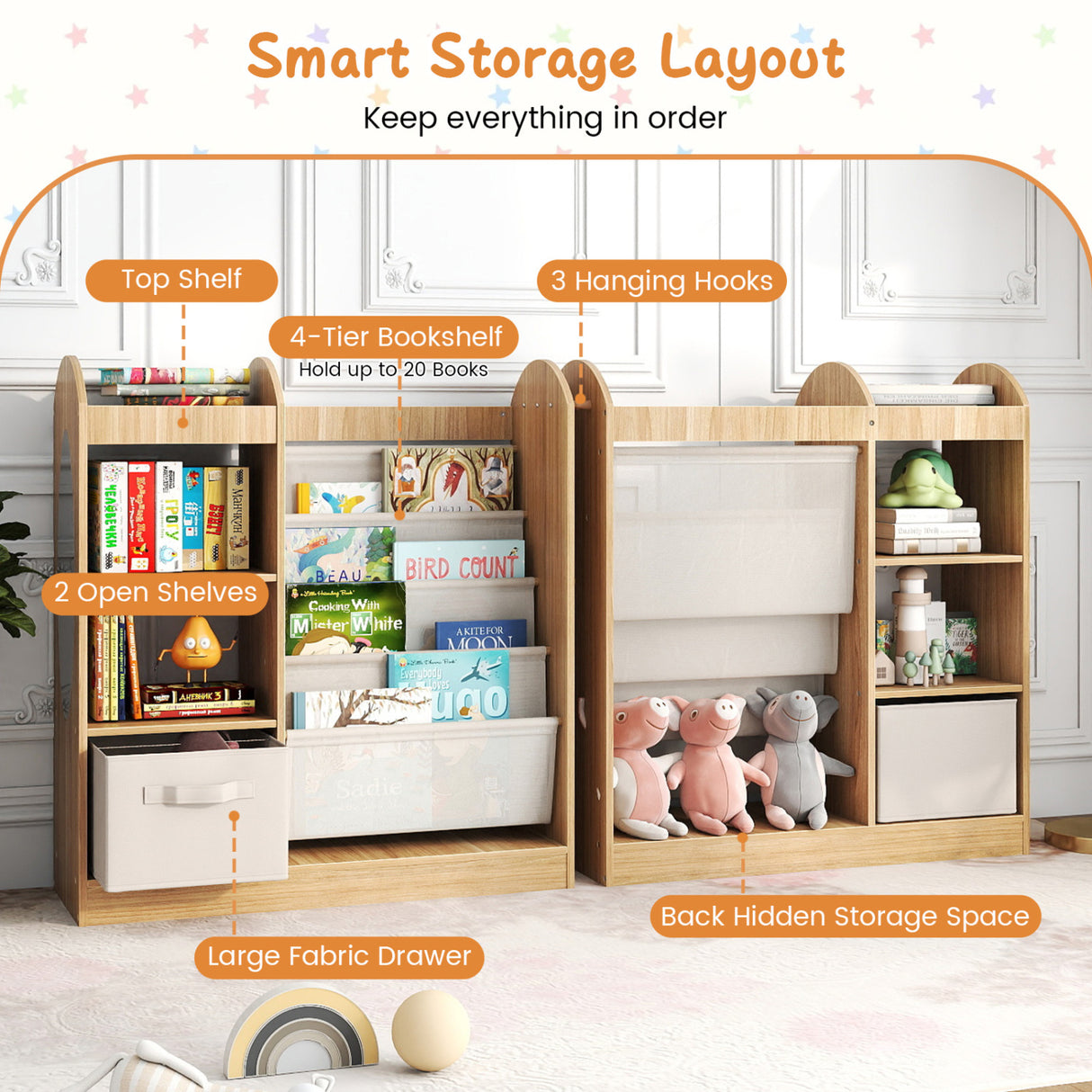 Toy Storage Organizer with 4-Tier Sling Shelves-Natural