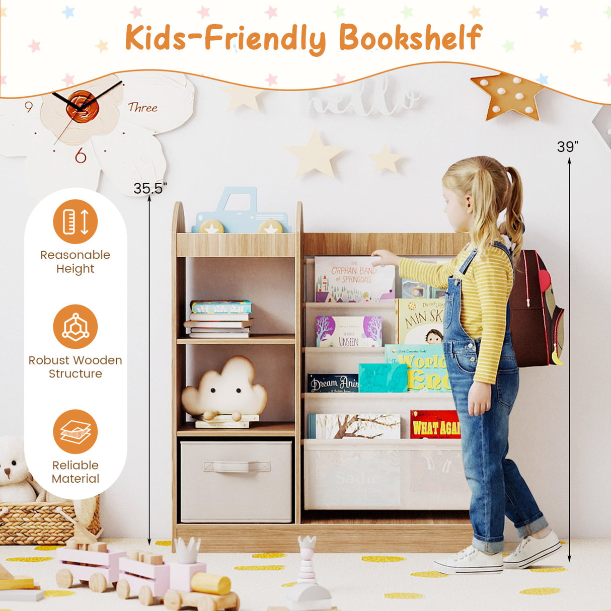 Toy Storage Organizer with 4-Tier Sling Shelves-Natural