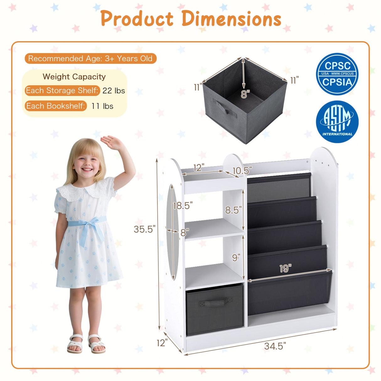 Toy Storage Organizer with 4-Tier Sling Shelves-White