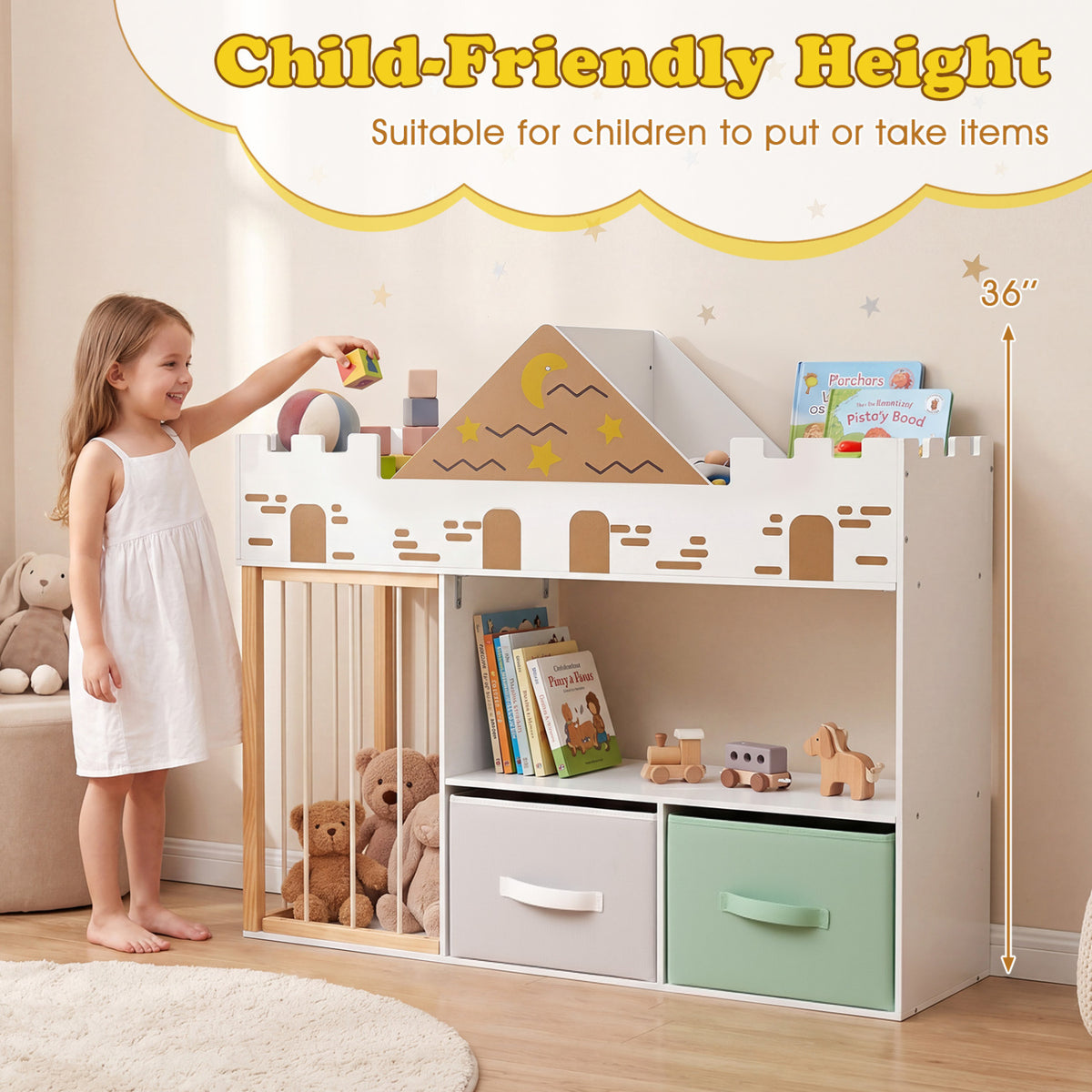 Toy Storage Organizer with Stuffed Animal Storage and Open Shelves-White