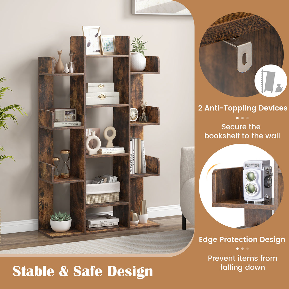 Tree-Shaped Bookshelf with 13 Compartments for Home Office-Rustic Brown