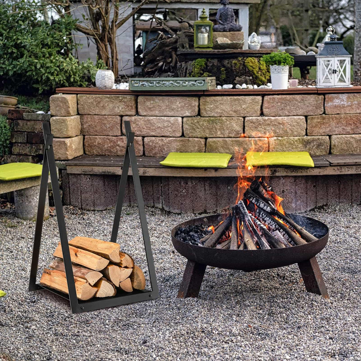 Triangle Firewood Rack with Raised Base for Fireplace Fire Pit-Black