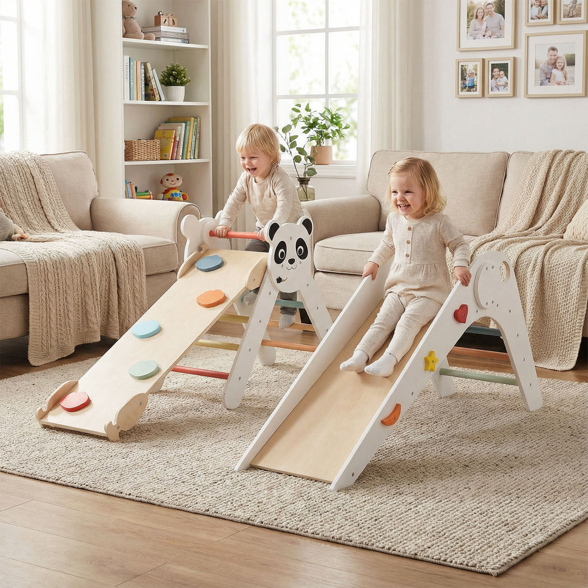 Triangle Set Foldable Kids Climbing Toys Panda-Themed Wood Montessori Climbing Set-Multicolor