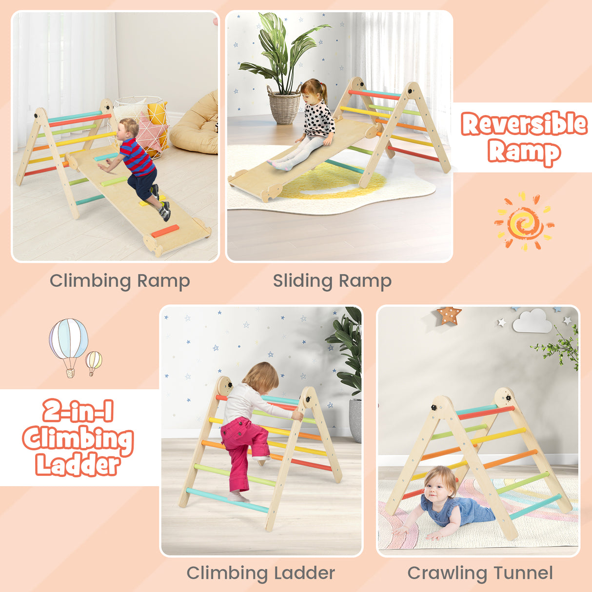 3-in-1 Climbing Set Foldable and Adjustable Kids Triangle Set-Multicolor