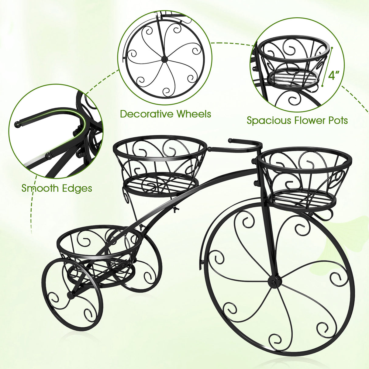 Tricycle Plant Stand Flower Pot Cart Holder with 3 Hollowed Baskets-Black