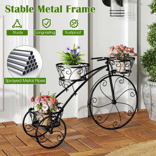 Tricycle Plant Stand Flower Pot Cart Holder with 3 Hollowed Baskets-Black