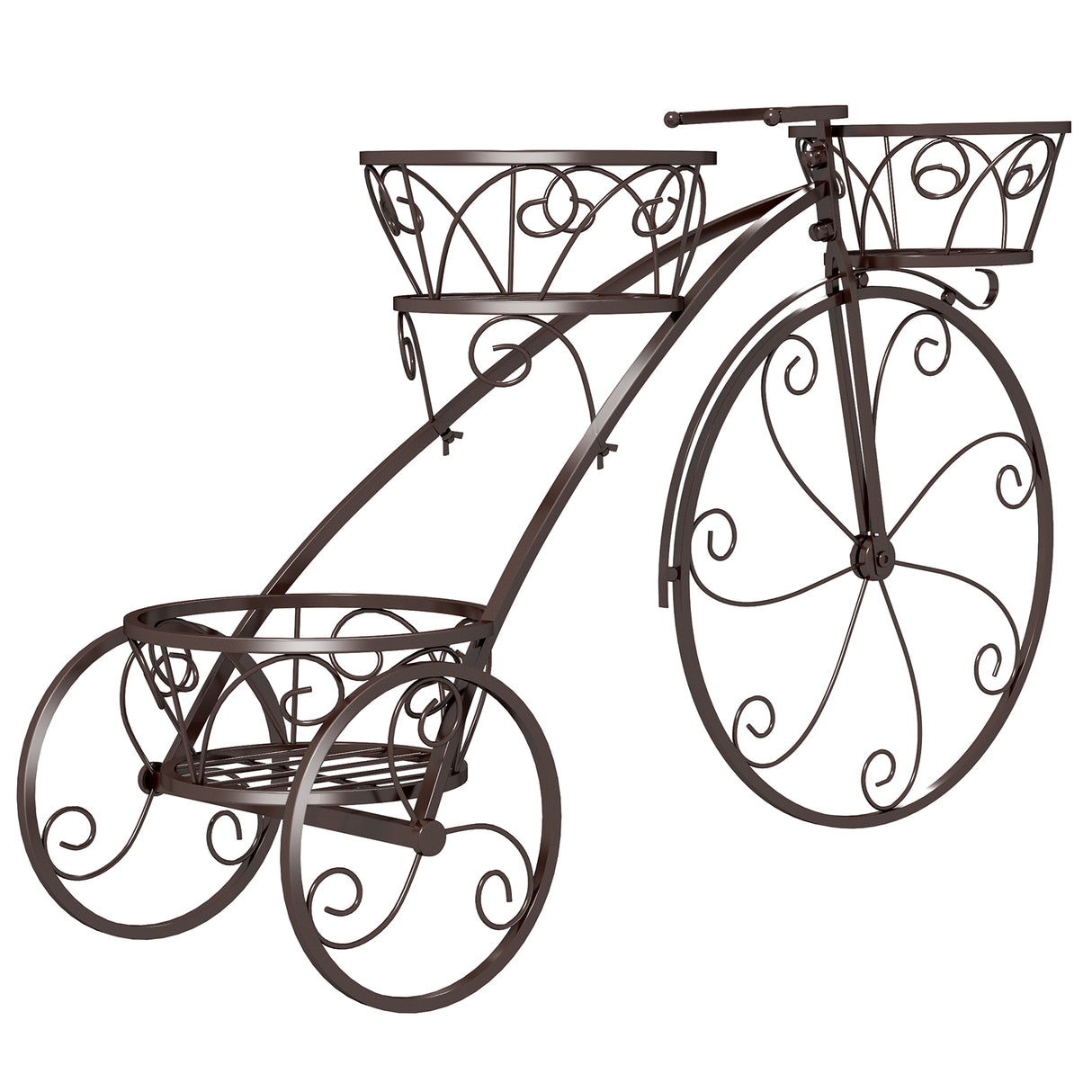 Tricycle Plant Stand Flower Pot Cart Holder with 3 Hollowed Baskets-Bronze