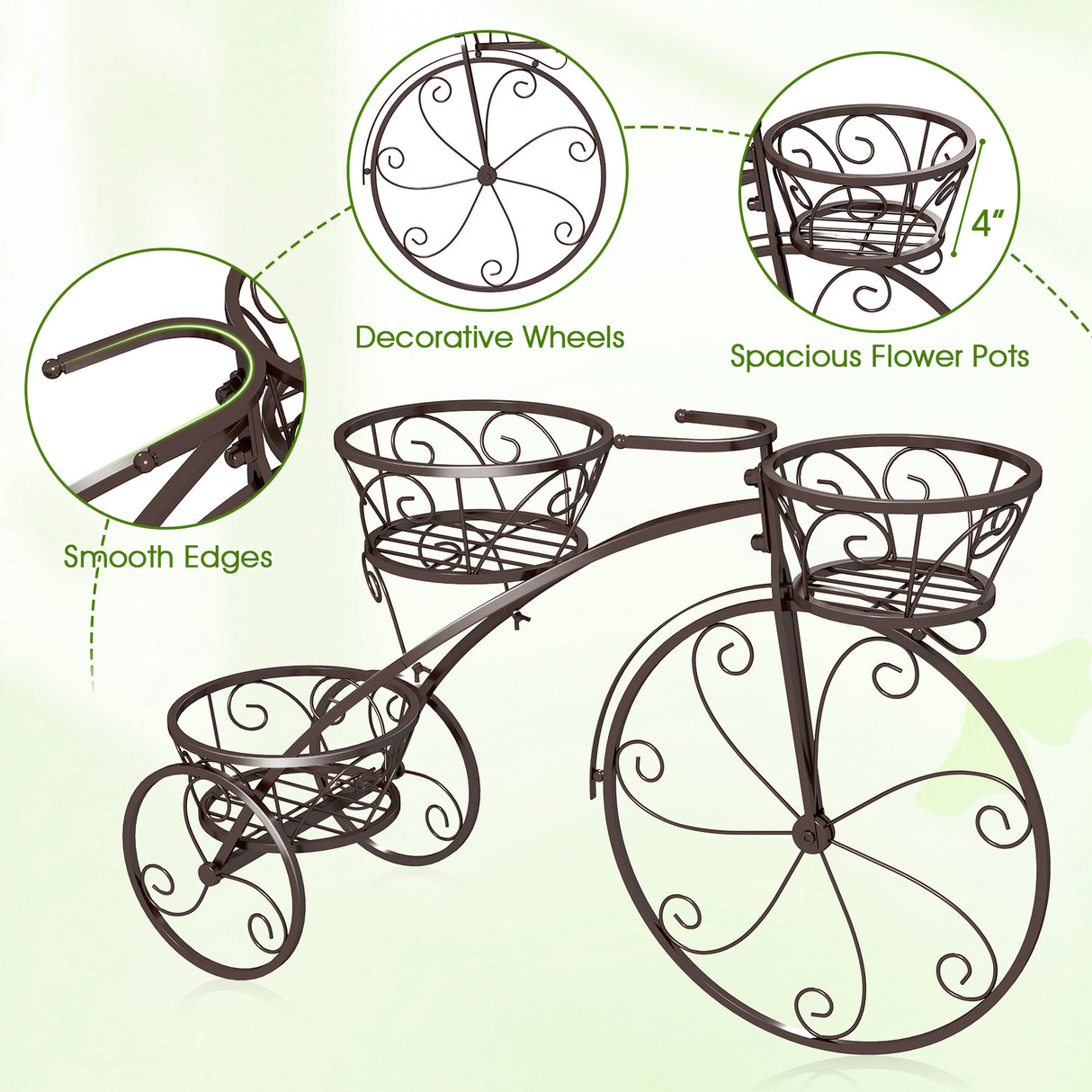 Tricycle Plant Stand Flower Pot Cart Holder with 3 Hollowed Baskets-Bronze