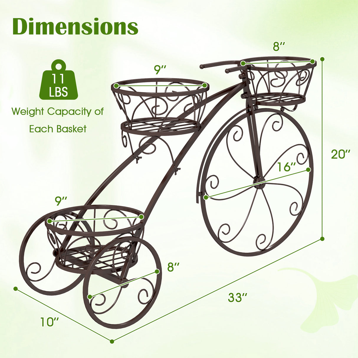 Tricycle Plant Stand Flower Pot Cart Holder with 3 Hollowed Baskets-Bronze