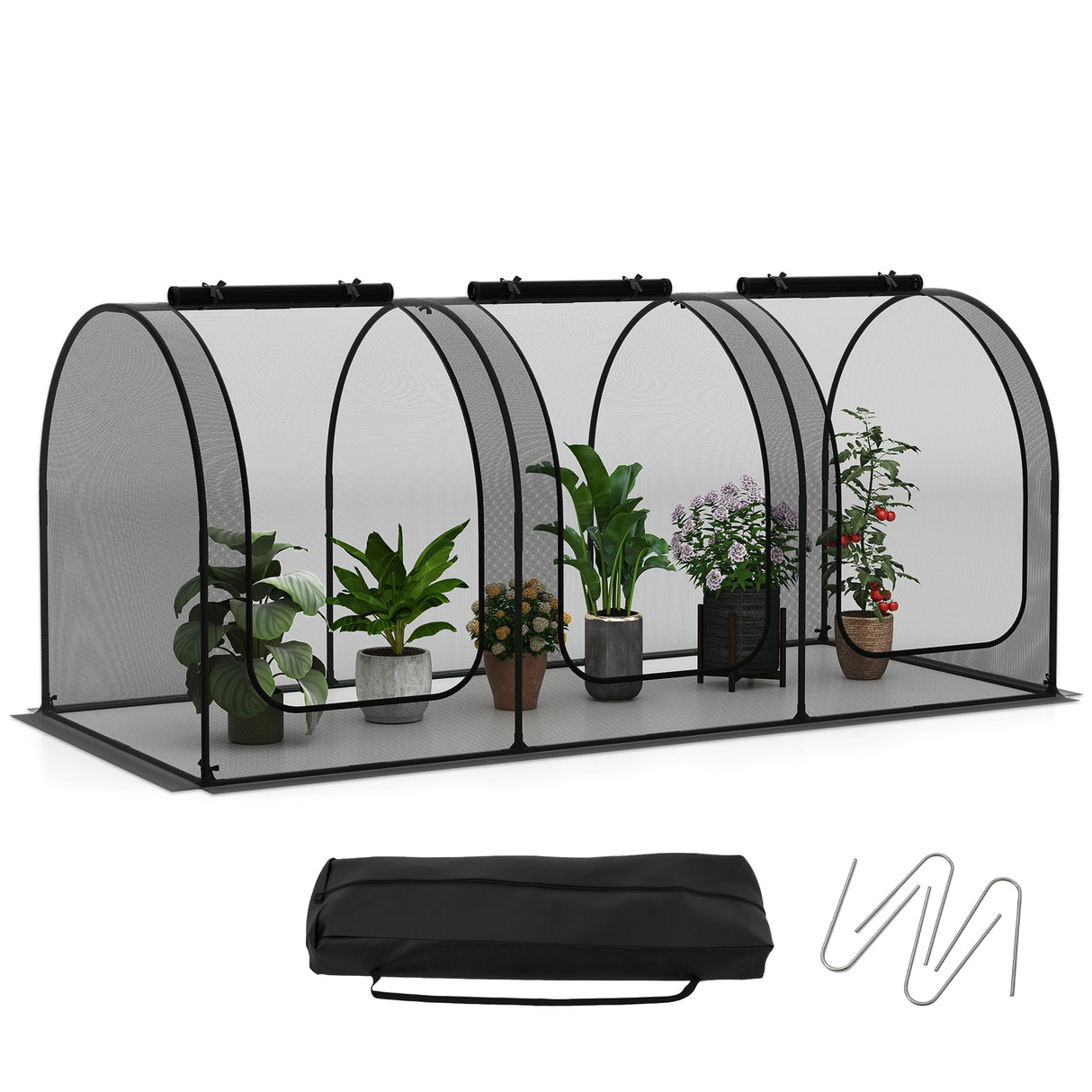 Tunnel Crop Cage Large Portable Plant Protection Tent with 3 Roll-up Zippered Doors