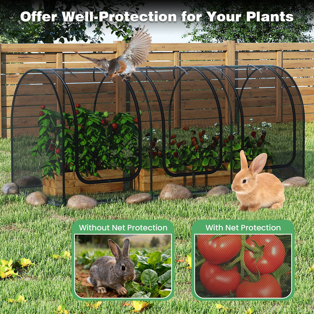 Tunnel Crop Cage Large Portable Plant Protection Tent with 3 Roll-up Zippered Doors