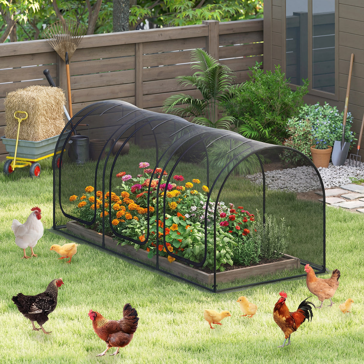 Tunnel Crop Cage Large Portable Plant Protection Tent with 3 Roll-up Zippered Doors