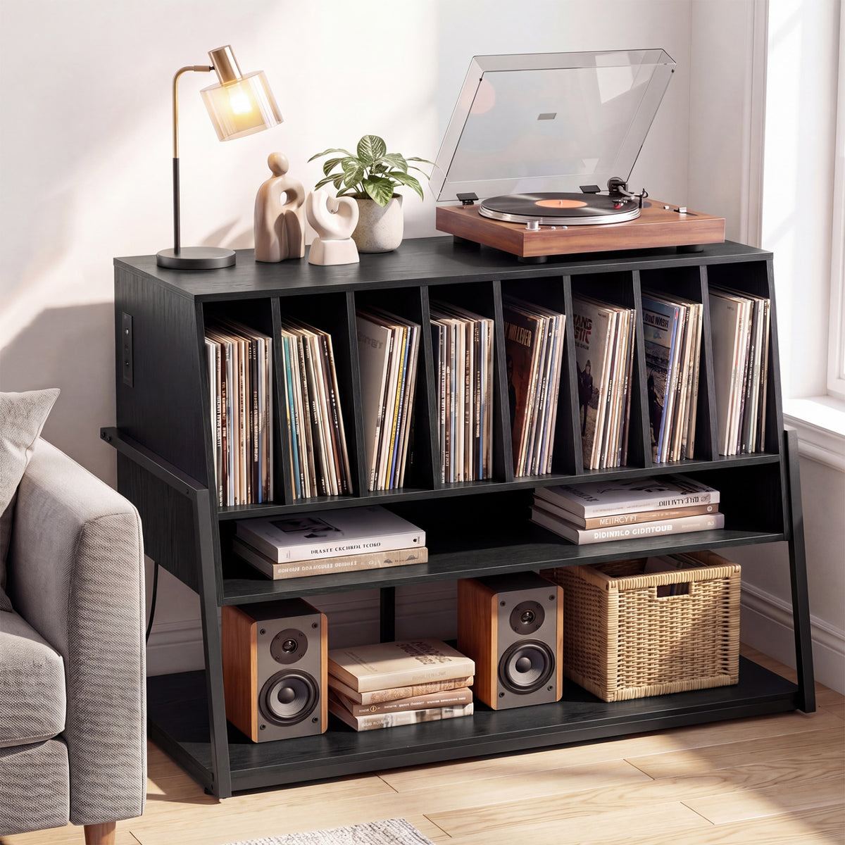 Turntable Stand with Charging Station and Vinyl Storage Shelves-Black