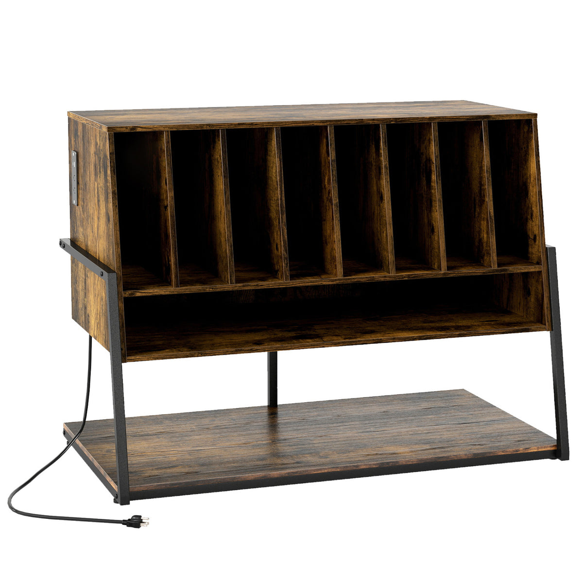 Turntable Stand with Charging Station and Vinyl Storage Shelves-Rustic Brown