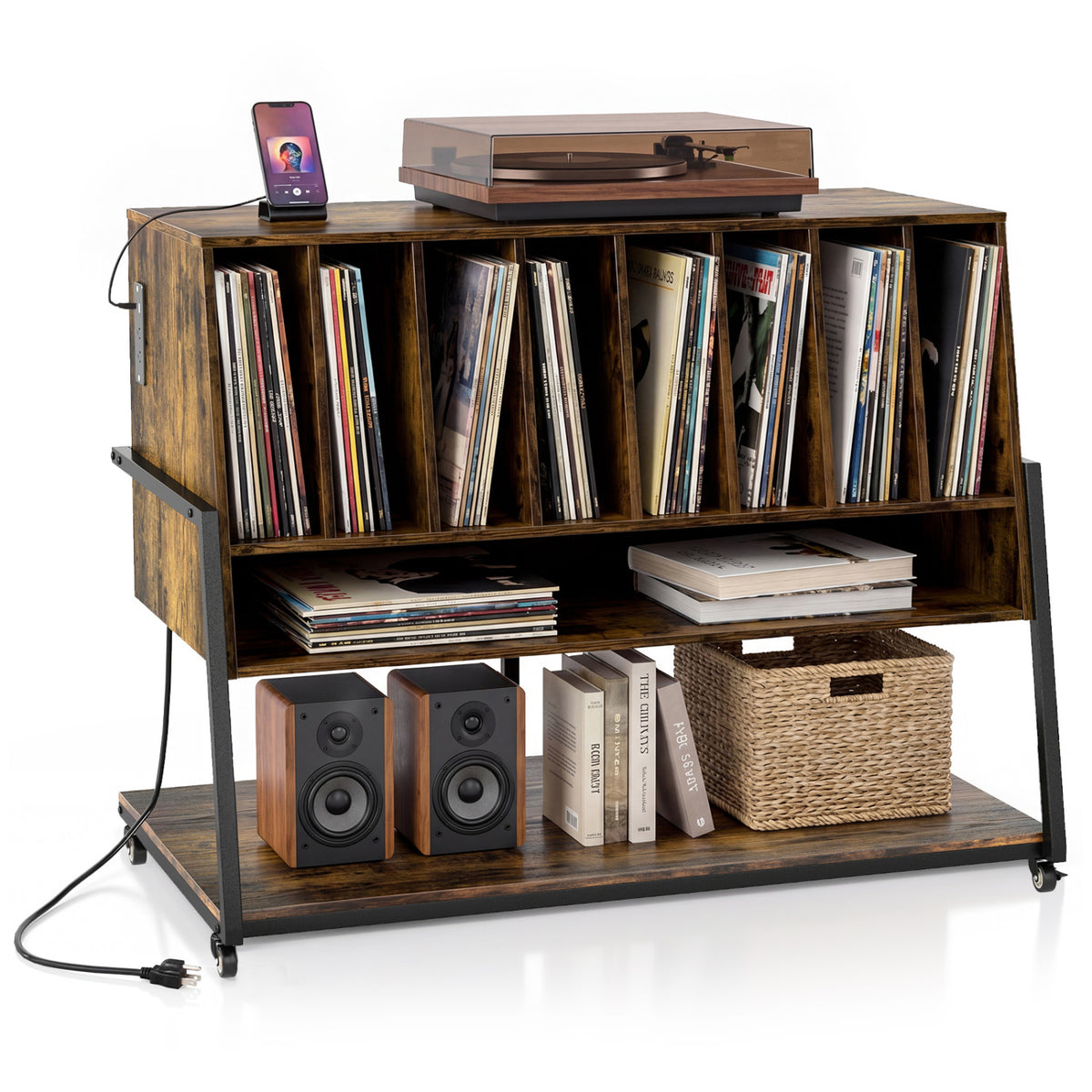 Turntable Stand with Charging Station and Vinyl Storage Shelves-Rustic Brown