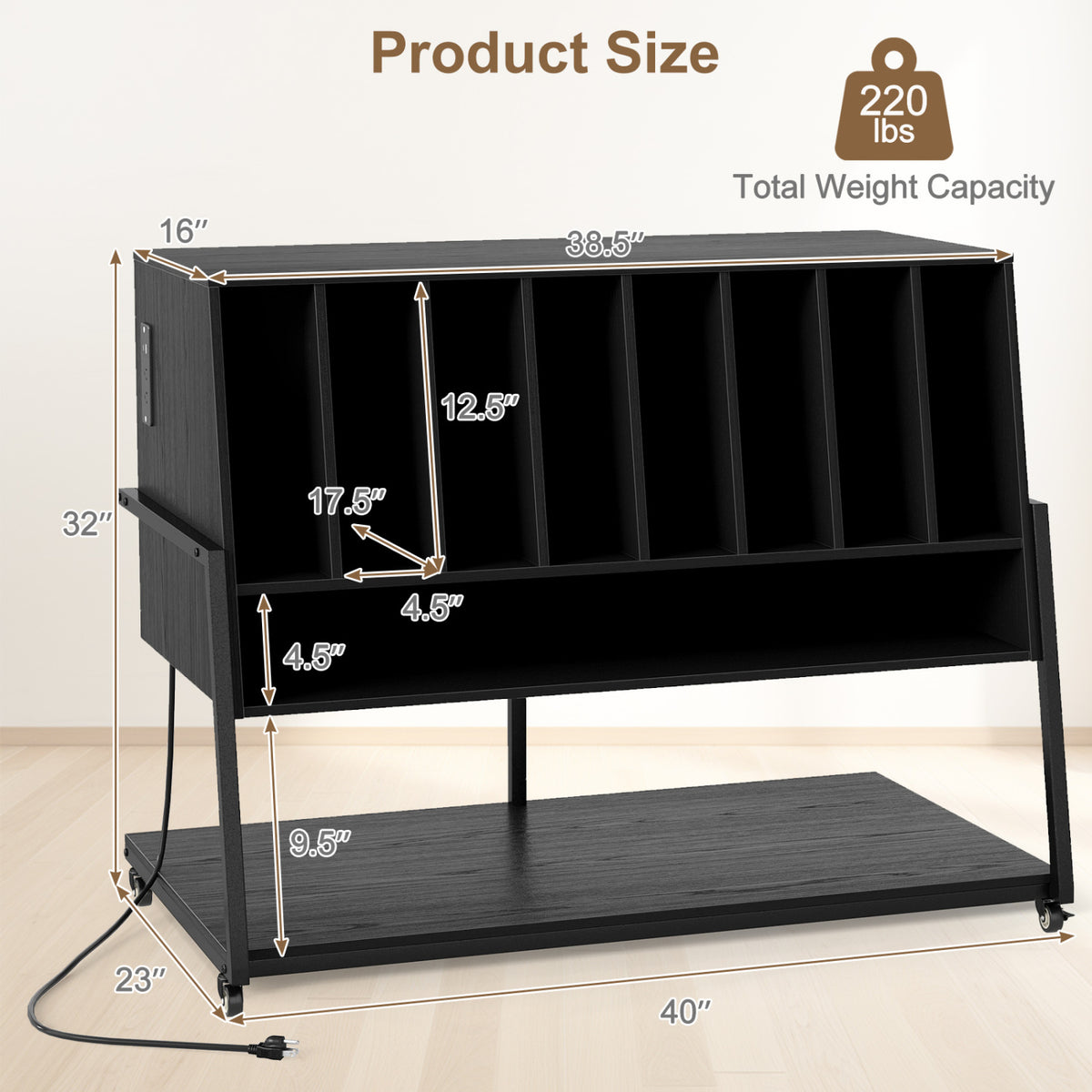 Turntable Stand with Charging Station and Vinyl Storage Shelves-Black