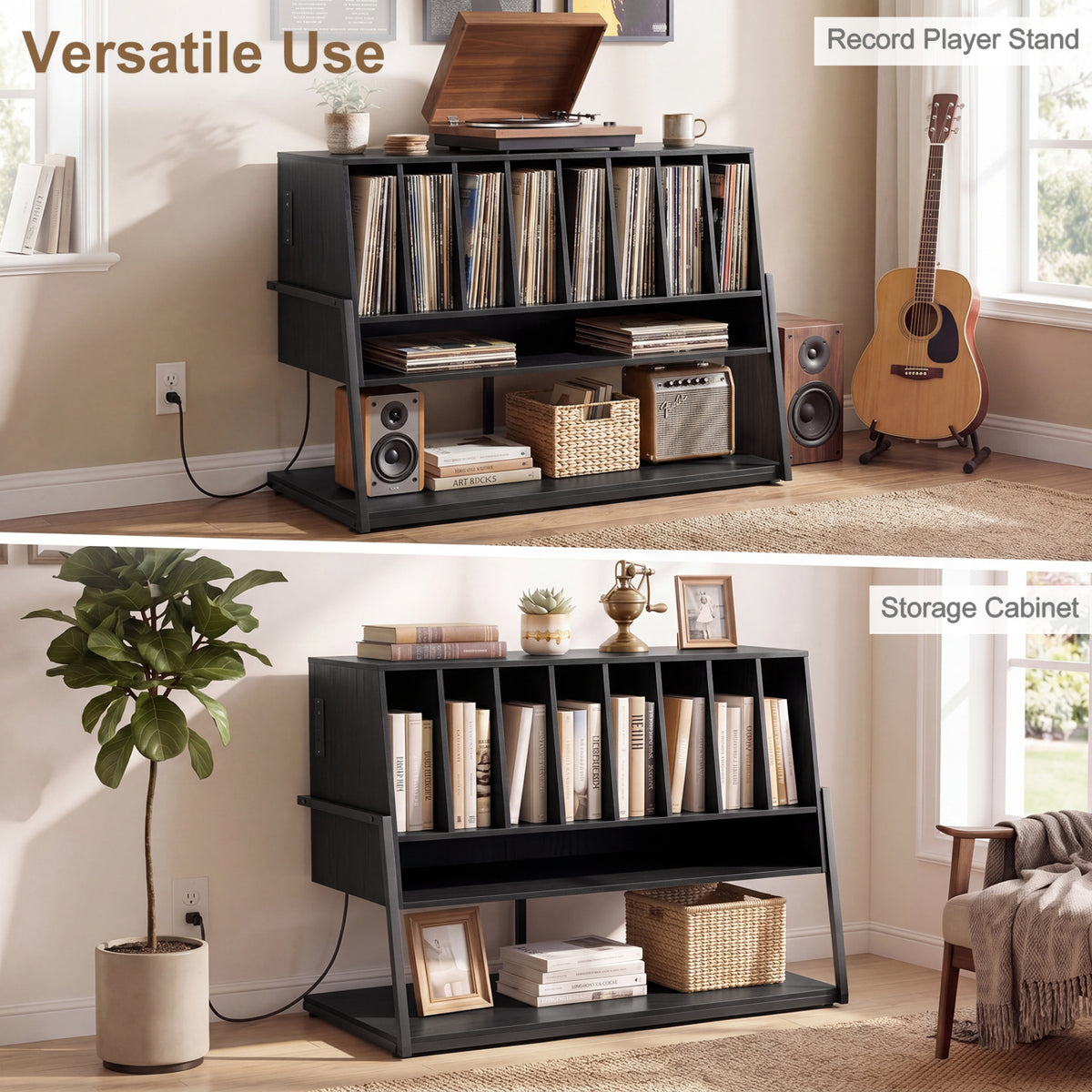 Turntable Stand with Charging Station and Vinyl Storage Shelves-Black