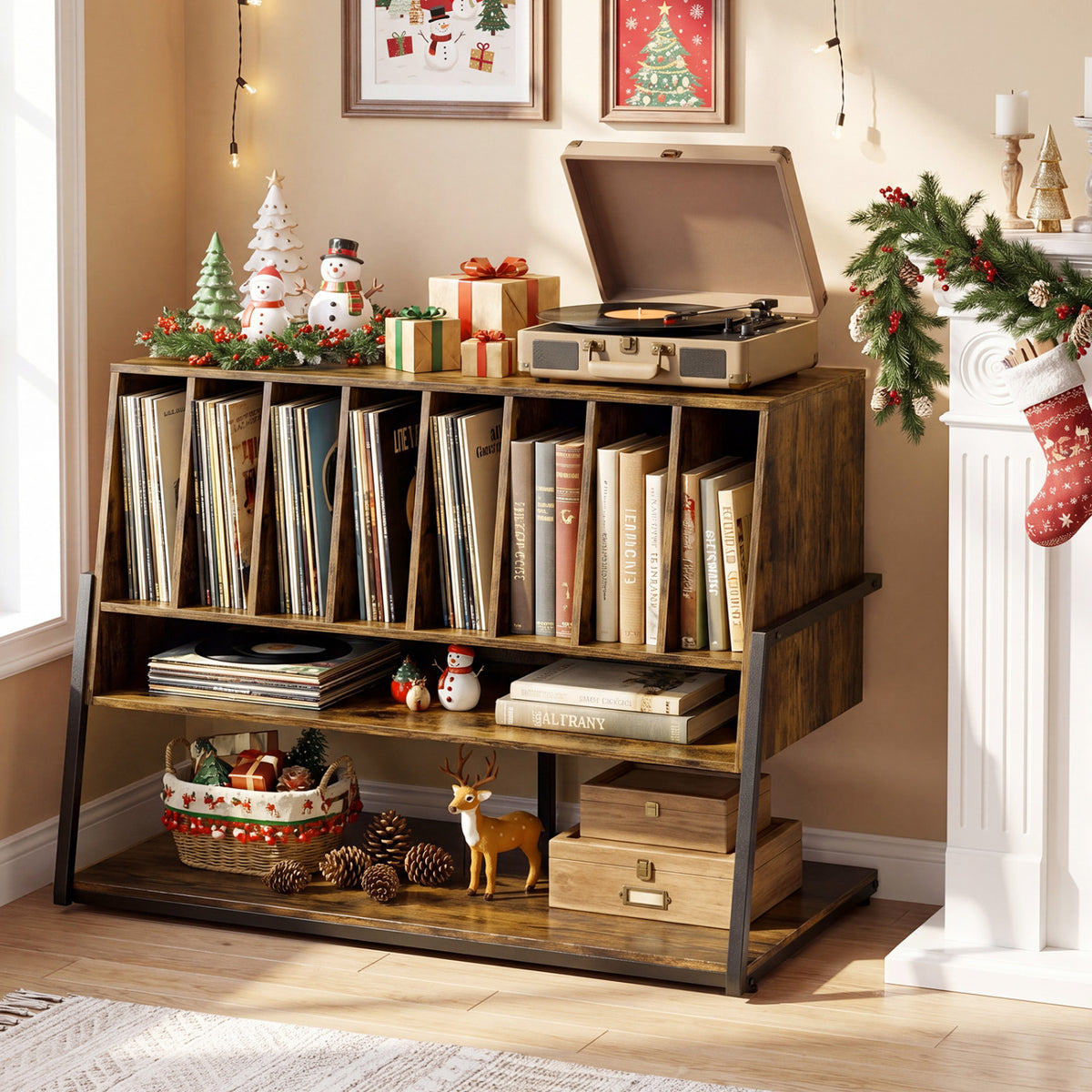 Turntable Stand with Charging Station and Vinyl Storage Shelves-Rustic Brown