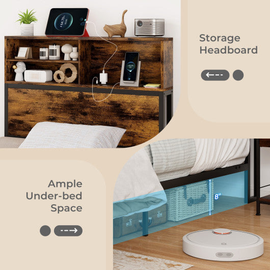 Twin/Full/Queen/King Size Bed Frame with Storage Headboard Industrial Metal Platform Bed-Twin Size