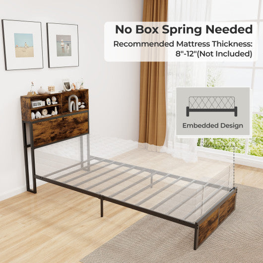 Twin/Full/Queen/King Size Bed Frame with Storage Headboard Industrial Metal Platform Bed-Twin Size