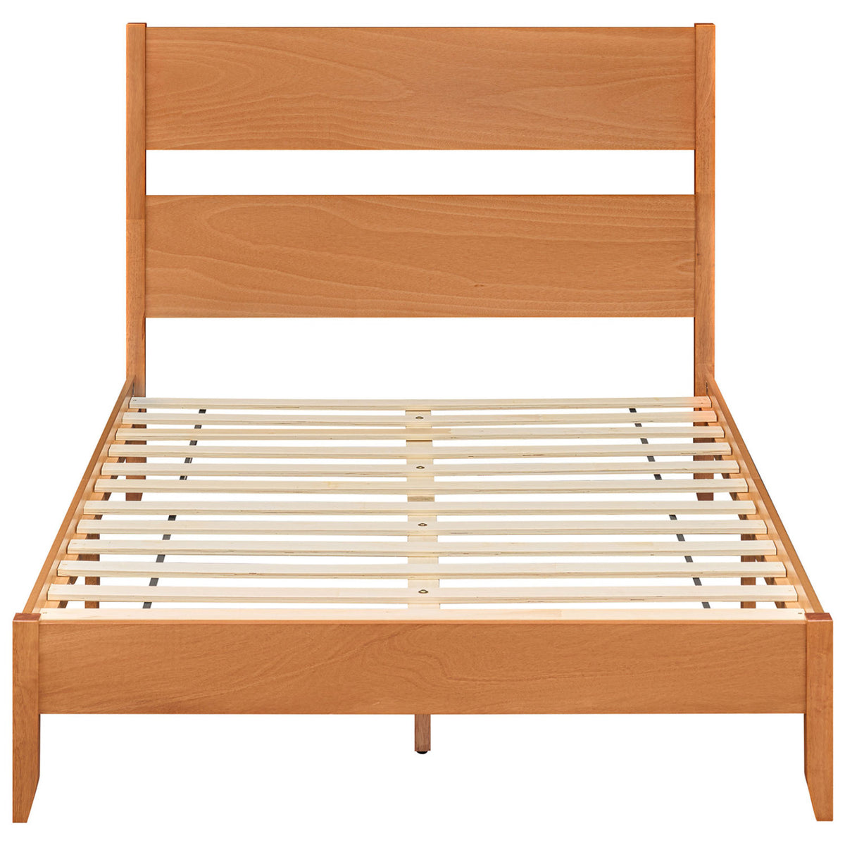 Full Bed Frame with Headboad and Solid Wood Legs 12 Slats-Warm Brown