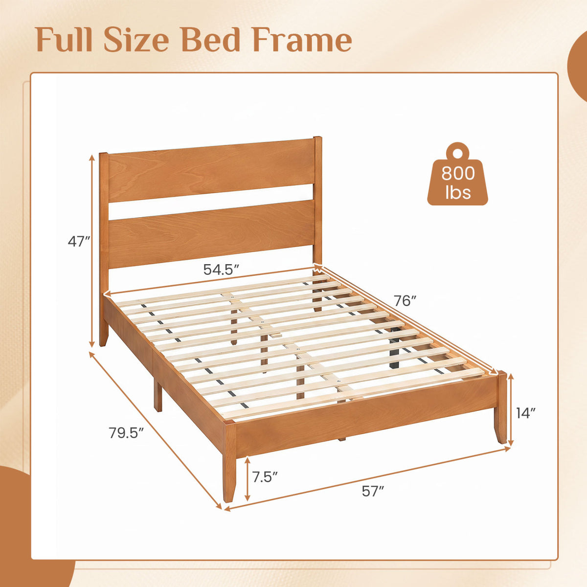 Full Bed Frame with Headboad and Solid Wood Legs 12 Slats-Warm Brown