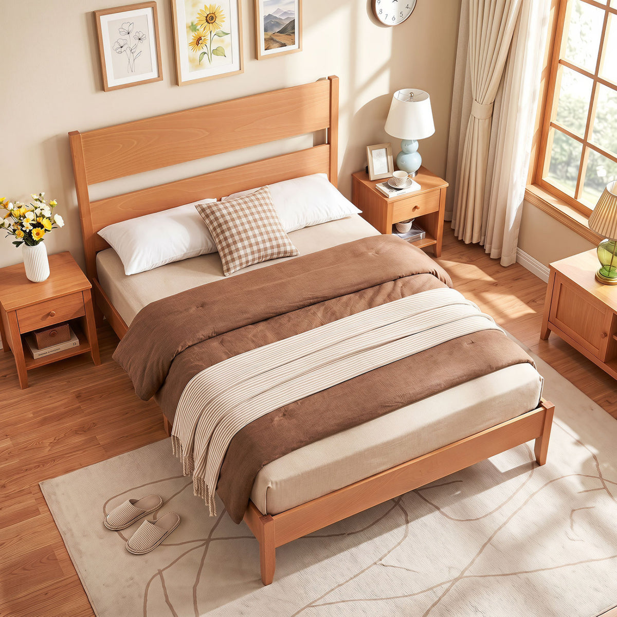Full Bed Frame with Headboad and Solid Wood Legs 12 Slats-Warm Brown