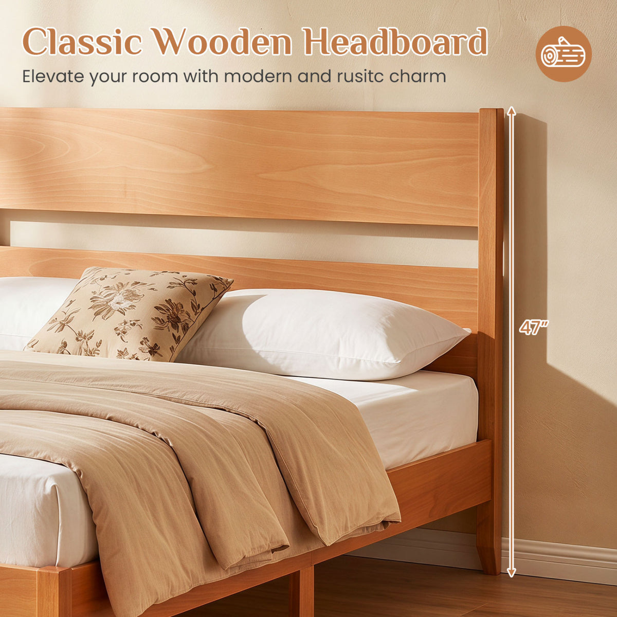 Full Bed Frame with Headboad and Solid Wood Legs 12 Slats-Warm Brown