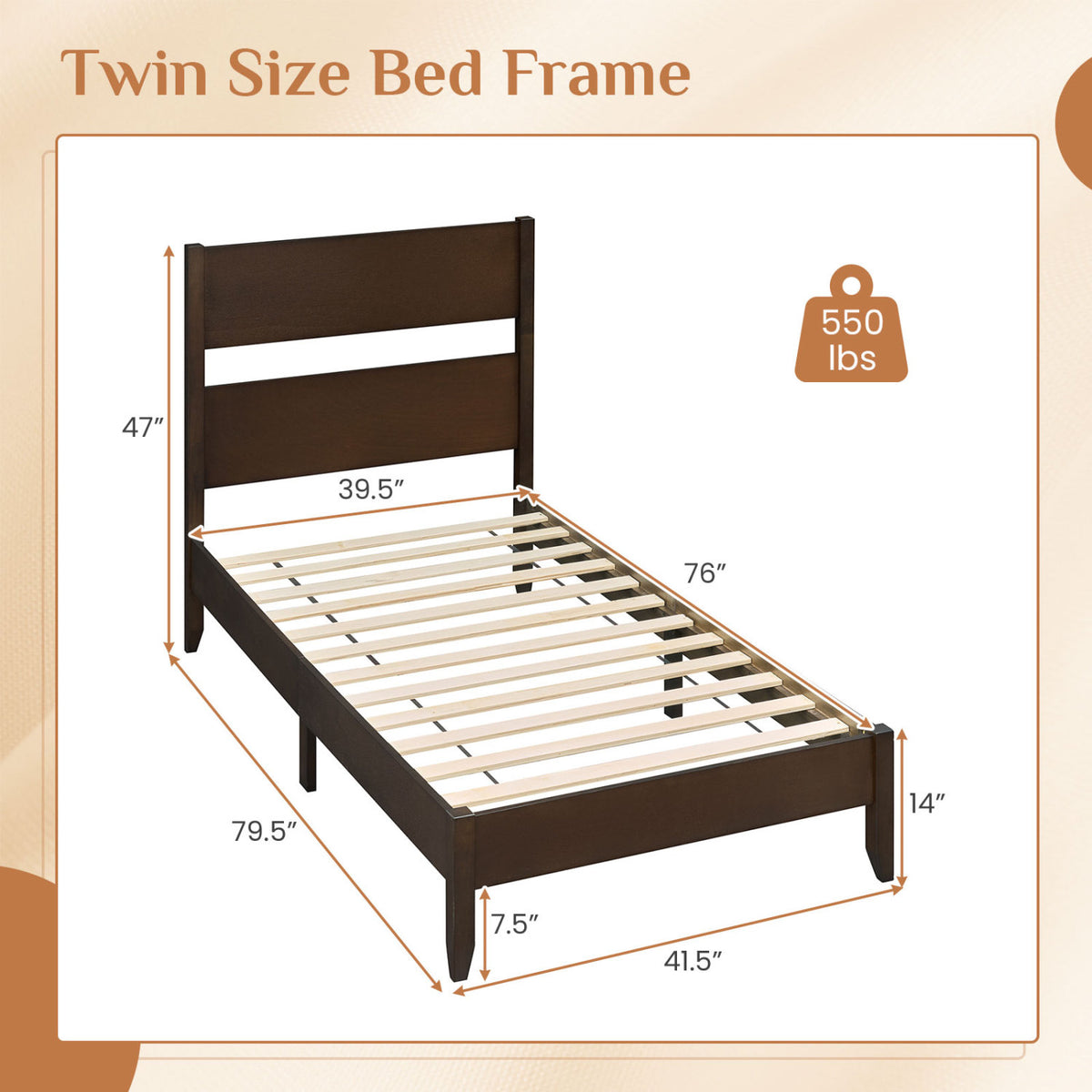 Twin Bed Frame with Headboard with Solid Wood Legs 12 Slats-Rustic Brown-Dark Walnut