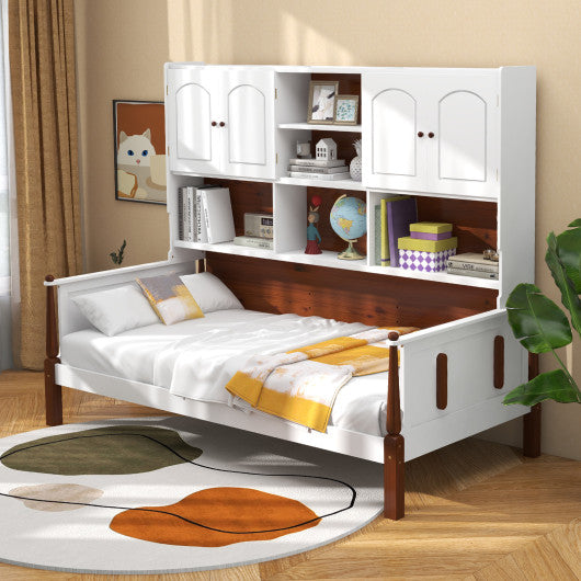 Twin Bed with Bookcase with Shelves and Wooden Slat Support No Box Spring Needed for Living Room Bedroom-White