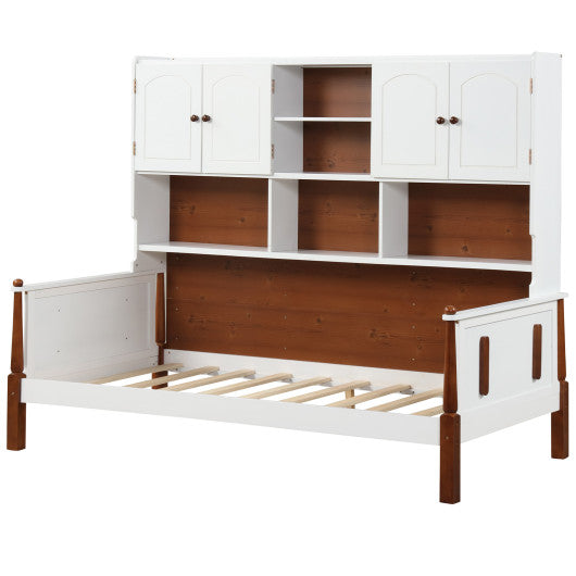 Twin Bed with Bookcase with Shelves and Wooden Slat Support No Box Spring Needed for Living Room Bedroom-White