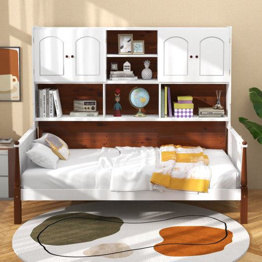 Twin Bed with Bookcase with Shelves and Wooden Slat Support No Box Spring Needed for Living Room Bedroom-White