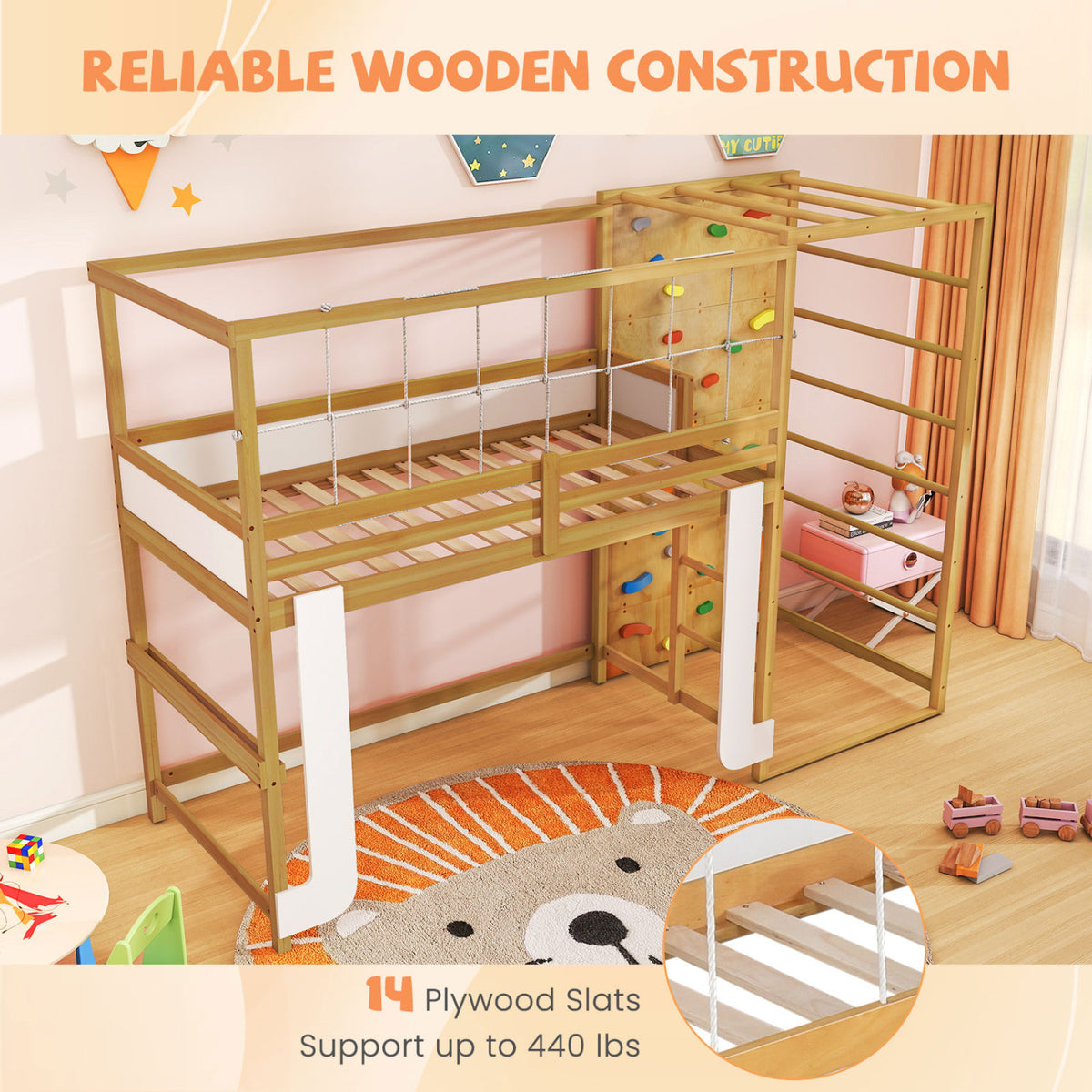 Twin Bunk Bed with Jungle Gym Wooden Loft Bed with Climbing Ladder-Natural