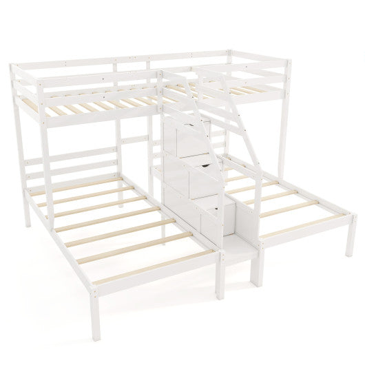 Twin Over Twin and Twin Bunk Bed with Storage Staircase and Guardrail for 3 Kids Teens-White