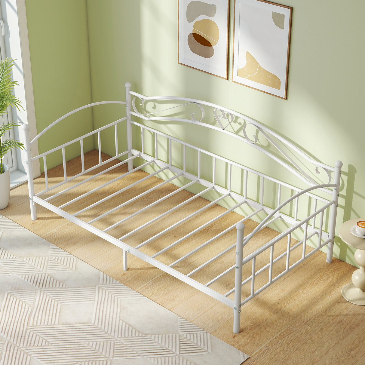 Twin Size Metal Daybed Frame with Headboard for Bedroom-White