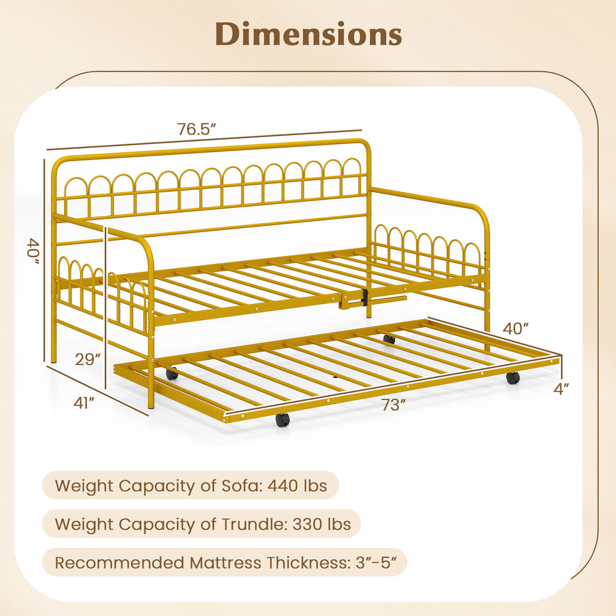 Twin Daybed with Curved Backrest and Armrests-Gold
