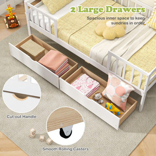 Twin Daybed with Fence and 2 Drawers Kids Bed for Boys & Girls-White