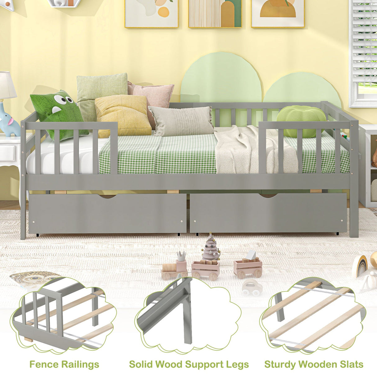 Twin Daybed with Fence and 2 Drawers Kids Bed for Boys & Girls-Gray