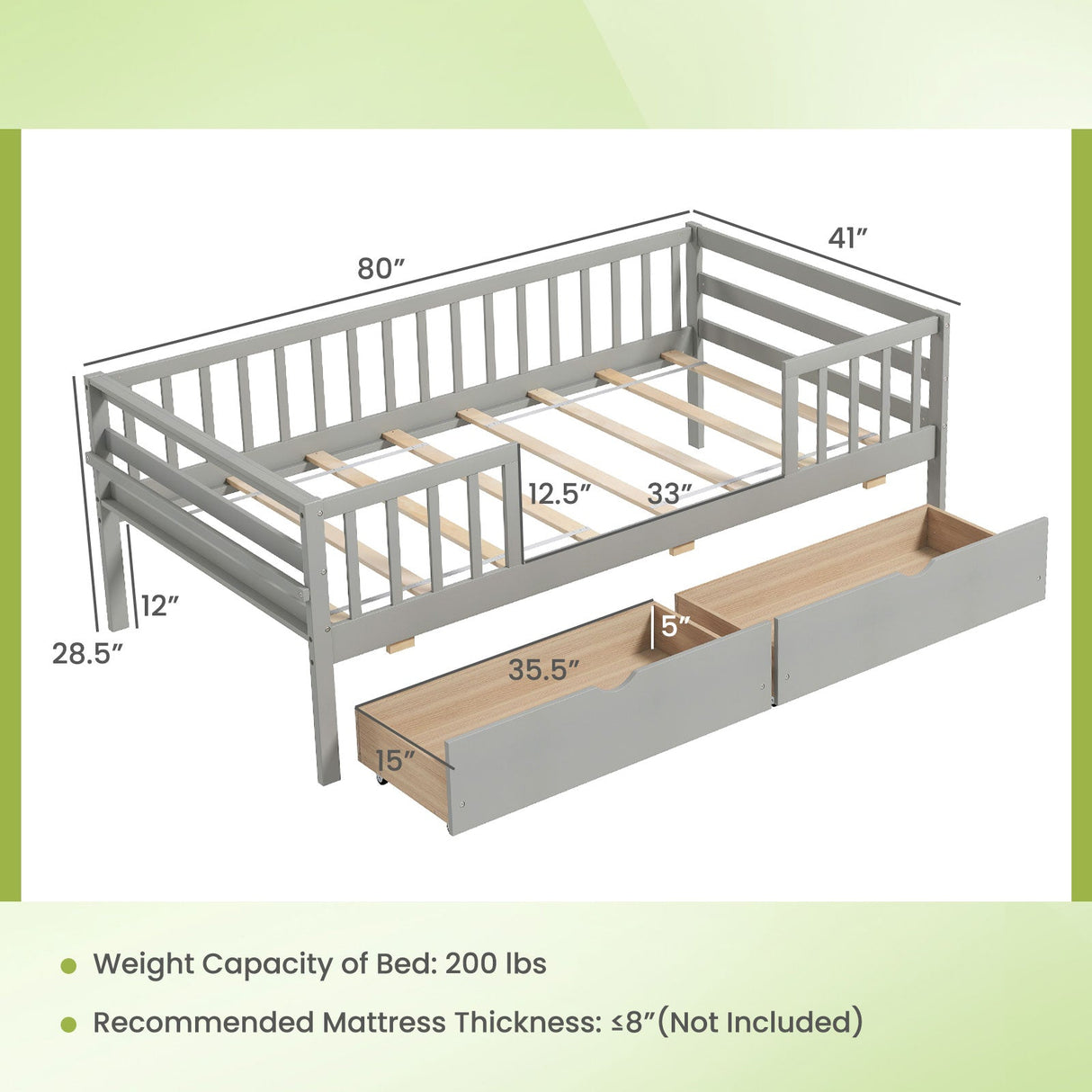 Twin Daybed with Fence and 2 Drawers Kids Bed for Boys & Girls-Gray