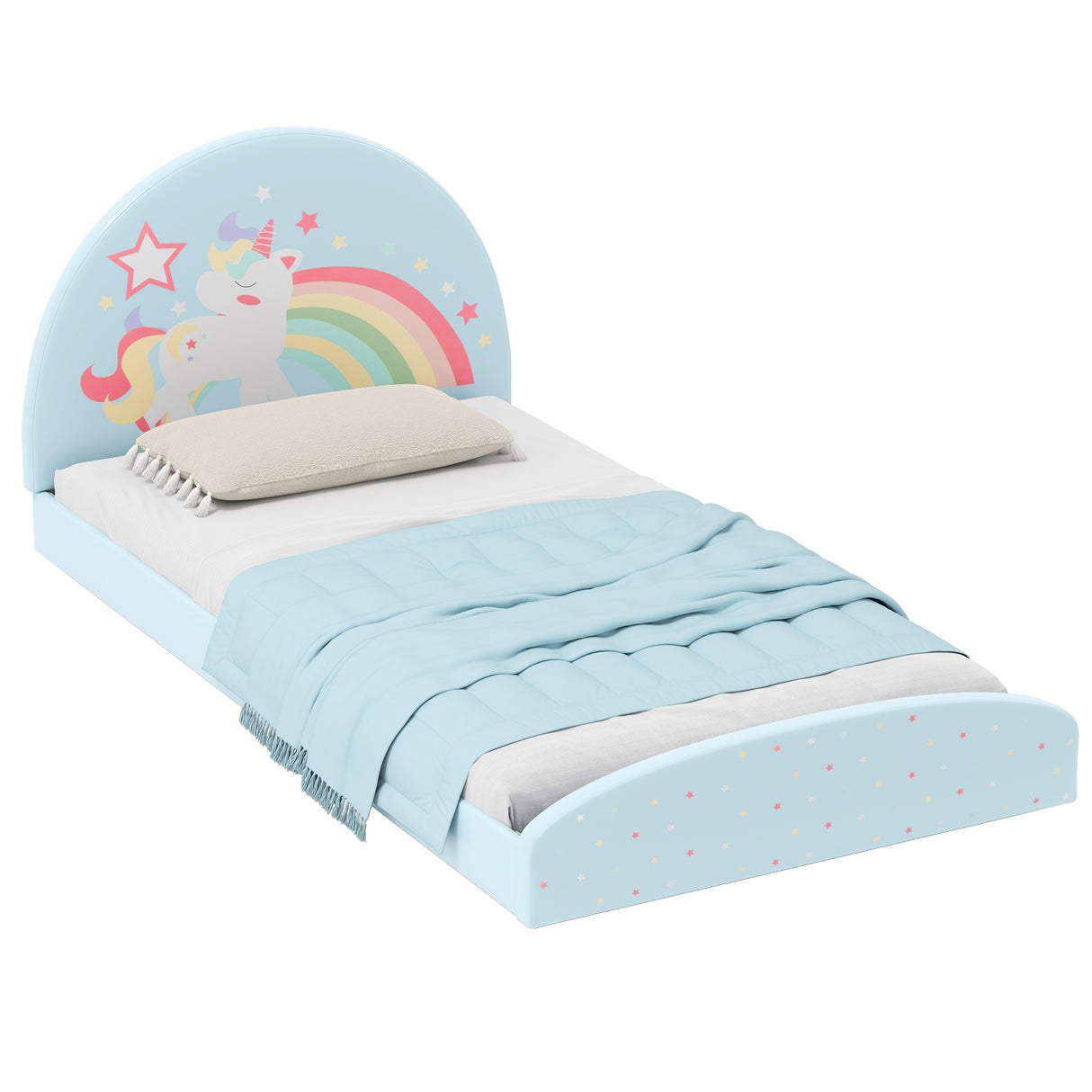 Twin Floor Bed Frame Upholstered Twin Size Kids Floor Bed with 210D Oxford Cloth Floor Mat-Blue