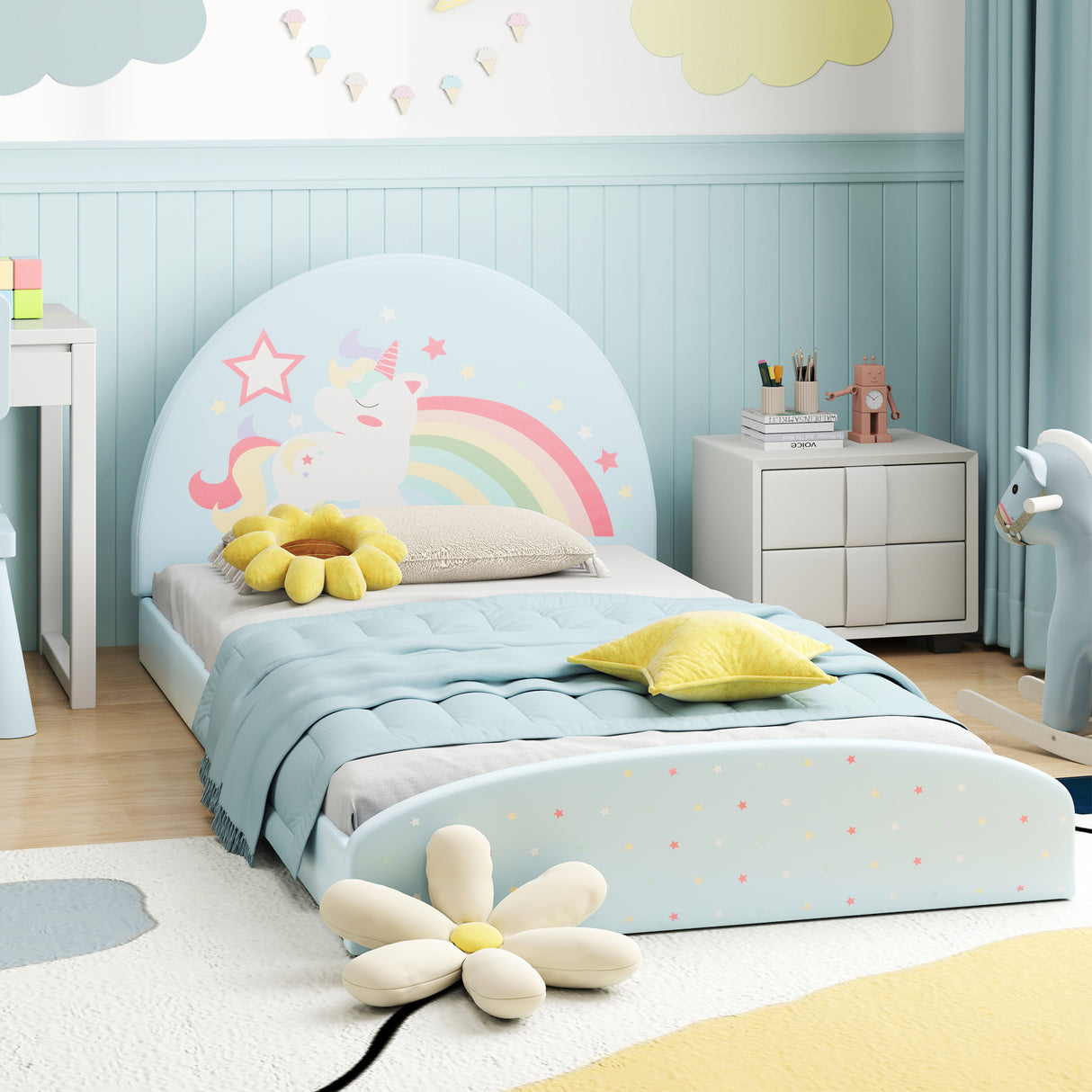 Twin Floor Bed Frame Upholstered Twin Size Kids Floor Bed with 210D Oxford Cloth Floor Mat-Blue