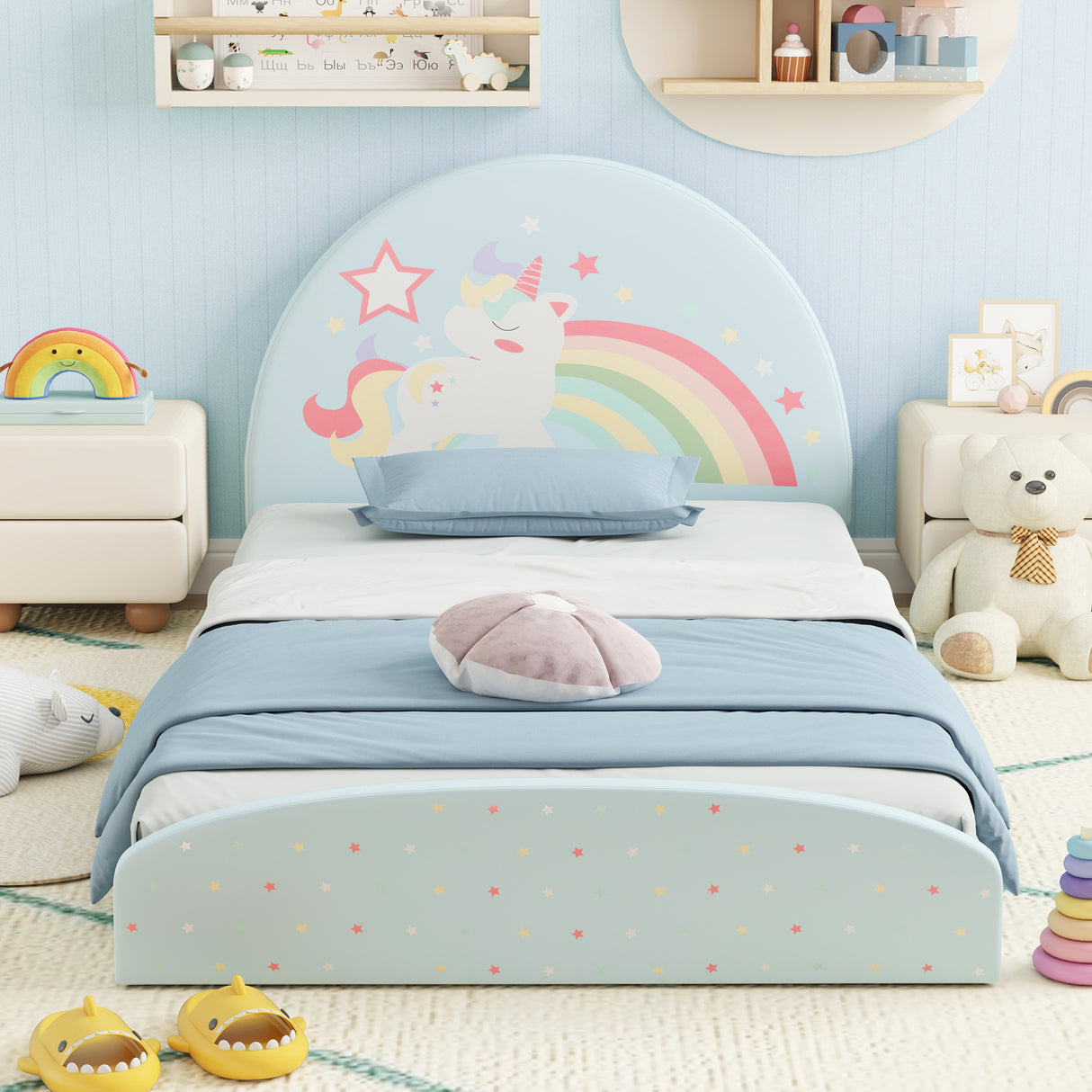 Twin Floor Bed Frame Upholstered Twin Size Kids Floor Bed with 210D Oxford Cloth Floor Mat-Blue