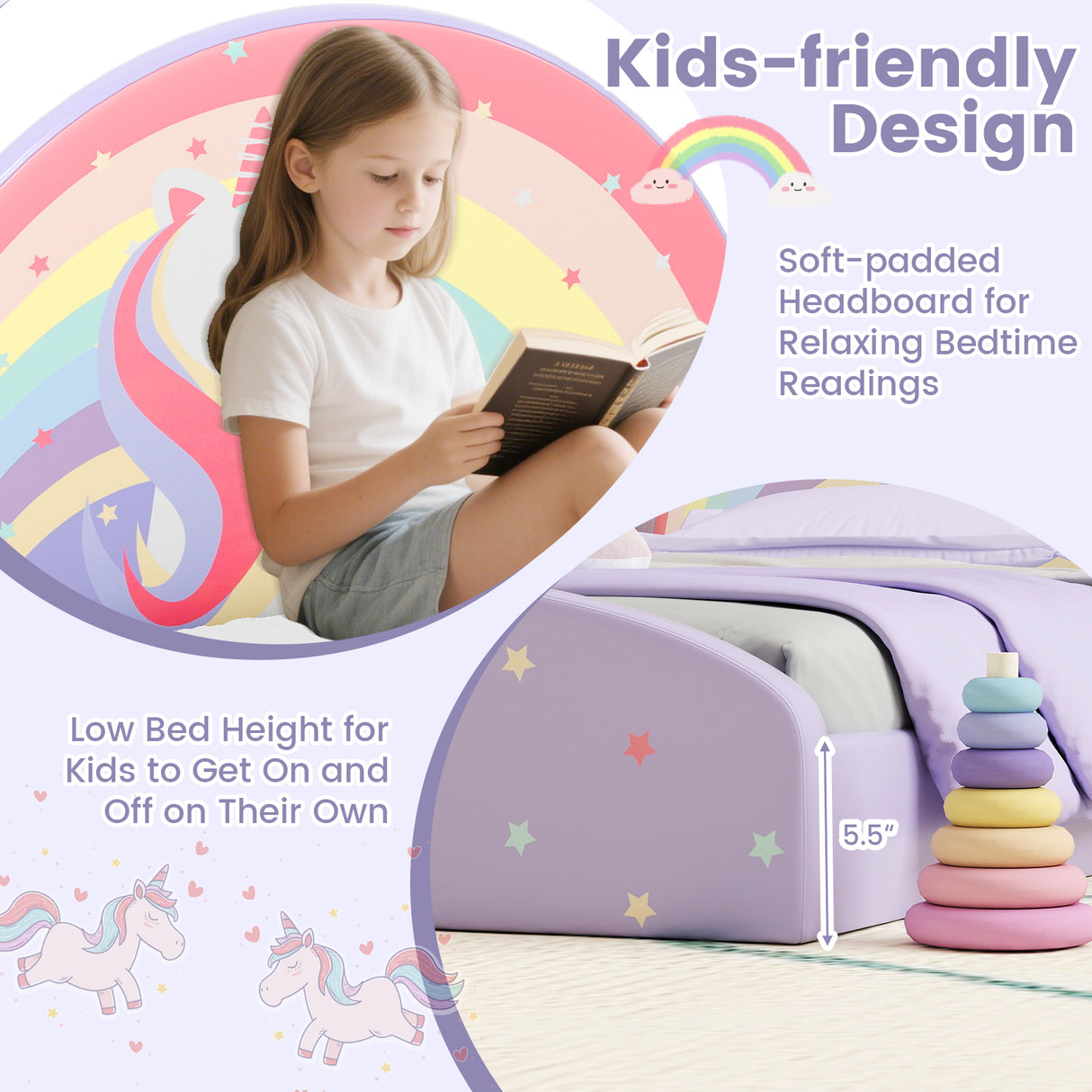 Twin Floor Bed Frame Upholstered Twin Size Kids Floor Bed with 210D Oxford Cloth Floor Mat-Purple