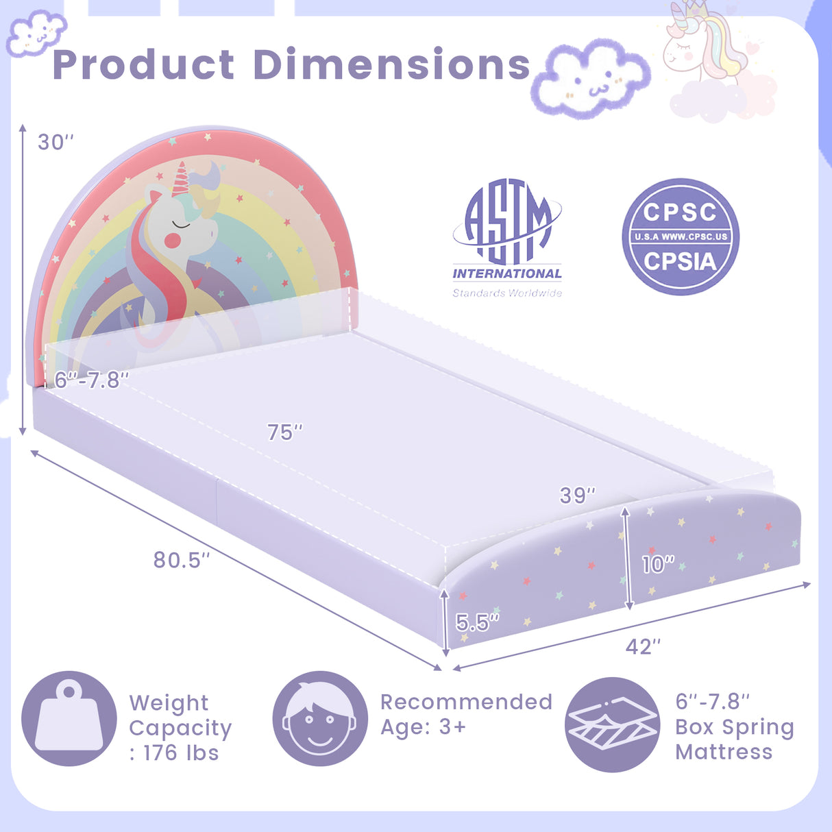 Twin Floor Bed Frame Upholstered Twin Size Kids Floor Bed with 210D Oxford Cloth Floor Mat-Purple
