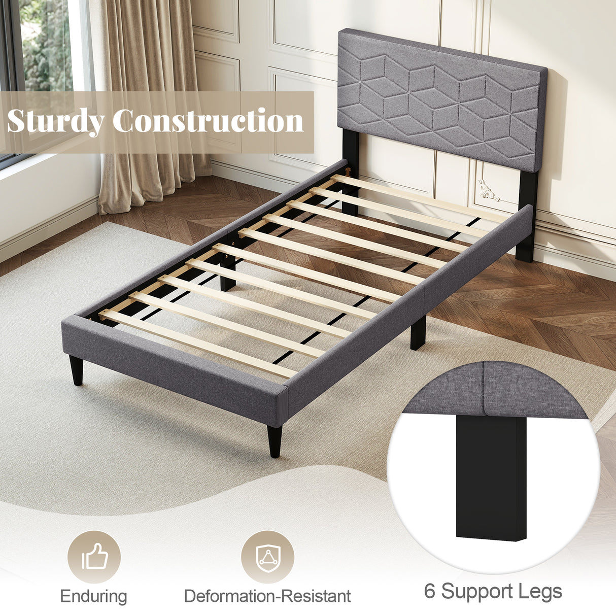 Twin/Full/Queen Size Bed Frame Modern Platform Bed with Linen Fabric Upholstered Headboard-Twin
