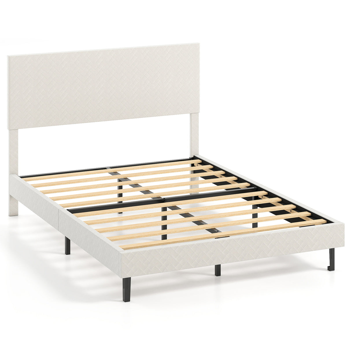 Twin/Full/Queen Size Velvet Bed Frame Upholstered Platform Bed with Chevron Headboard Beige-Full
