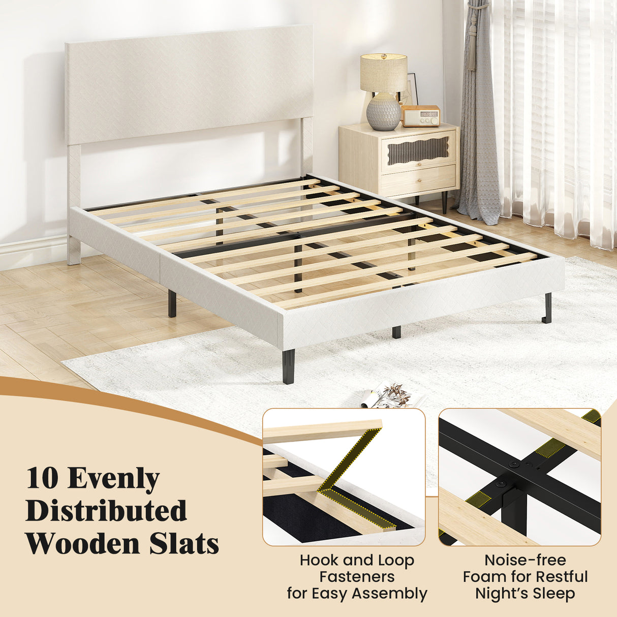 Twin/Full/Queen Size Velvet Bed Frame Upholstered Platform Bed with Chevron Headboard Beige-Full