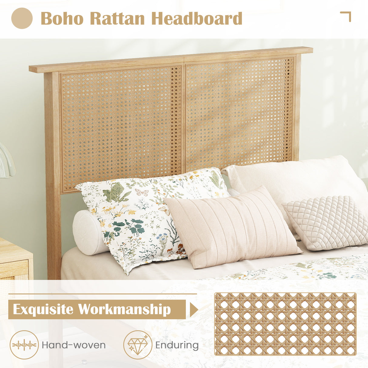 Twin/Full/Queen Size Bed Frame with Rattan Headboard-Twin Size